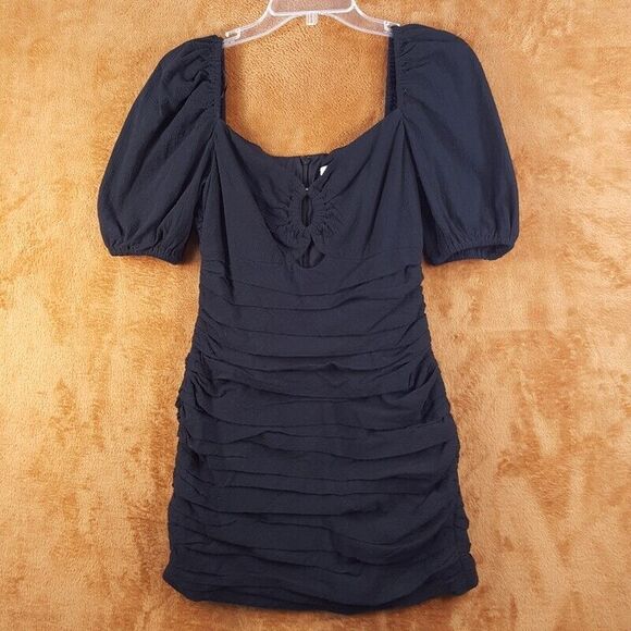 FINDERS KEEPERS Womens Dress Size 6 Black Bodycon Ruched Puff Sleeve Keyhole - Picture 1 of 9